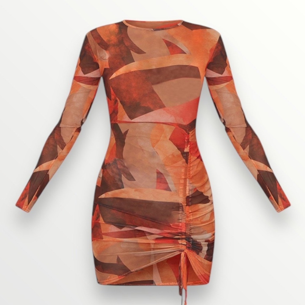 PrettyLittleThing Geometric Long Sleeve Midi Dress Orange Women's 4